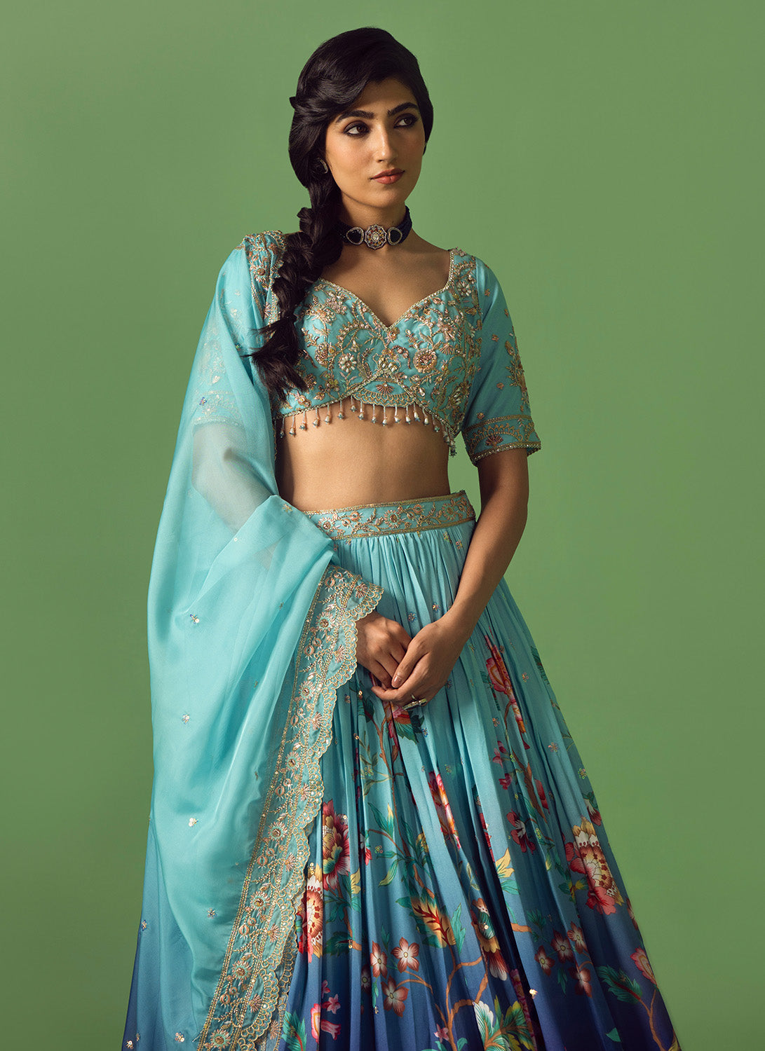 Blue Ombré Floral Printed Silk Lehenga