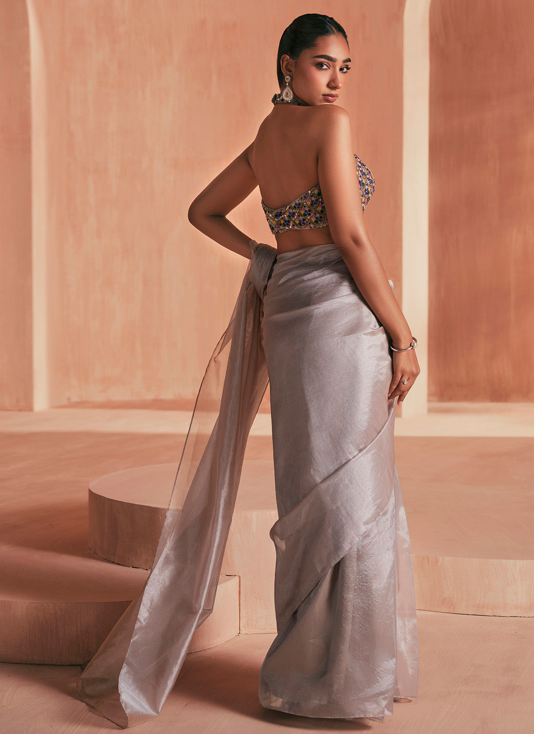 Silver Embroidered Tissue Saree