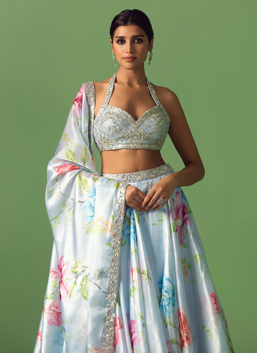 Light Blue Floral Printed Organza Lehenga