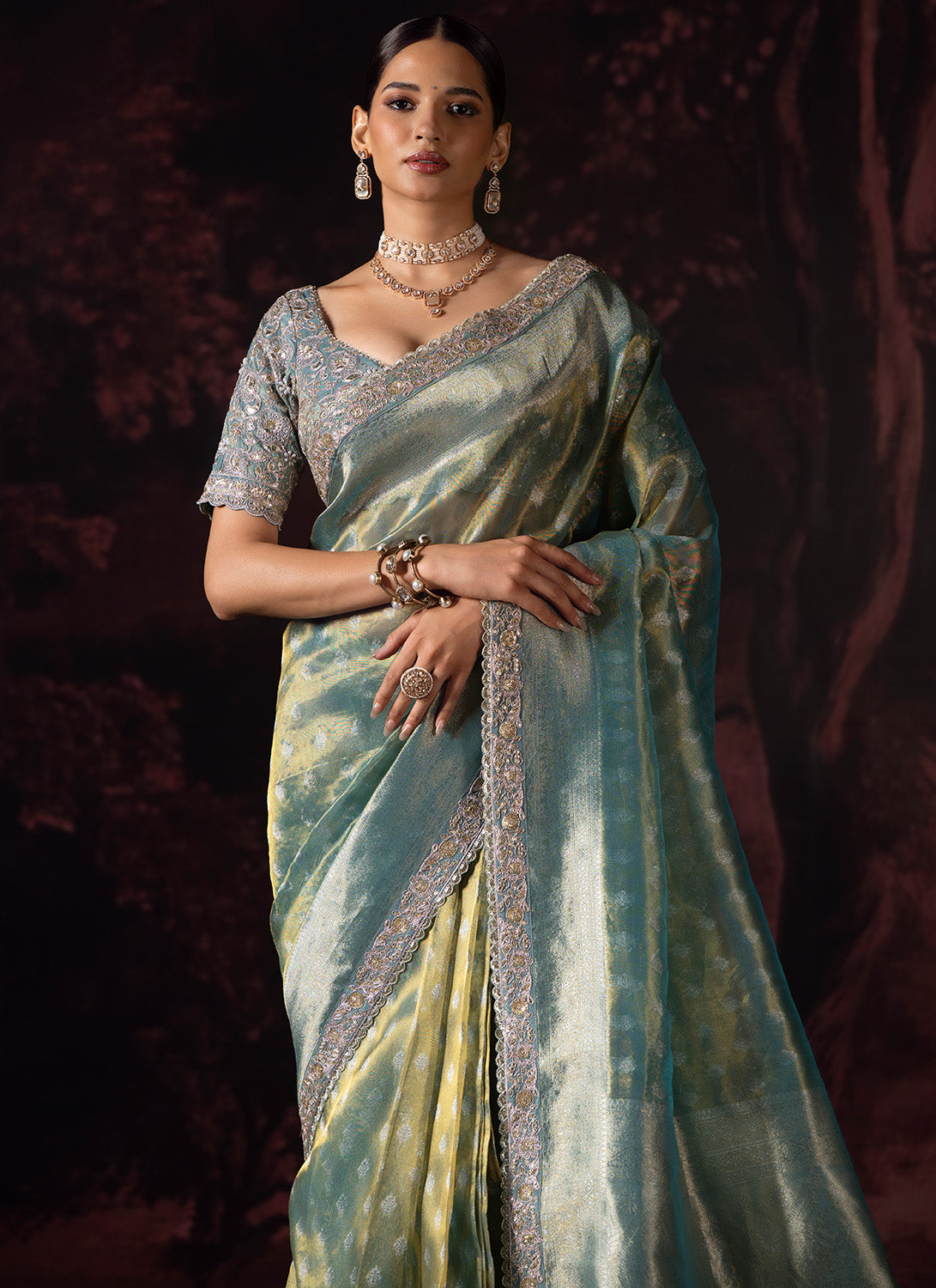 Light Green Embroidered Tissue Saree