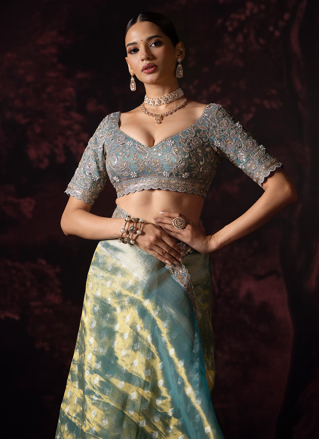 Light Green Embroidered Tissue Saree