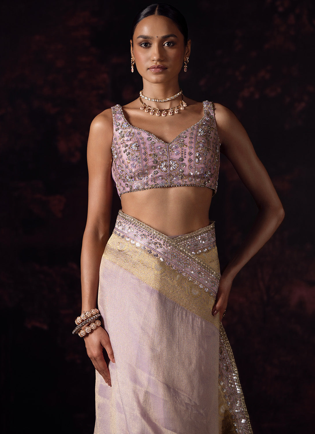 Dusty Lilac Embroidered Tissue Saree