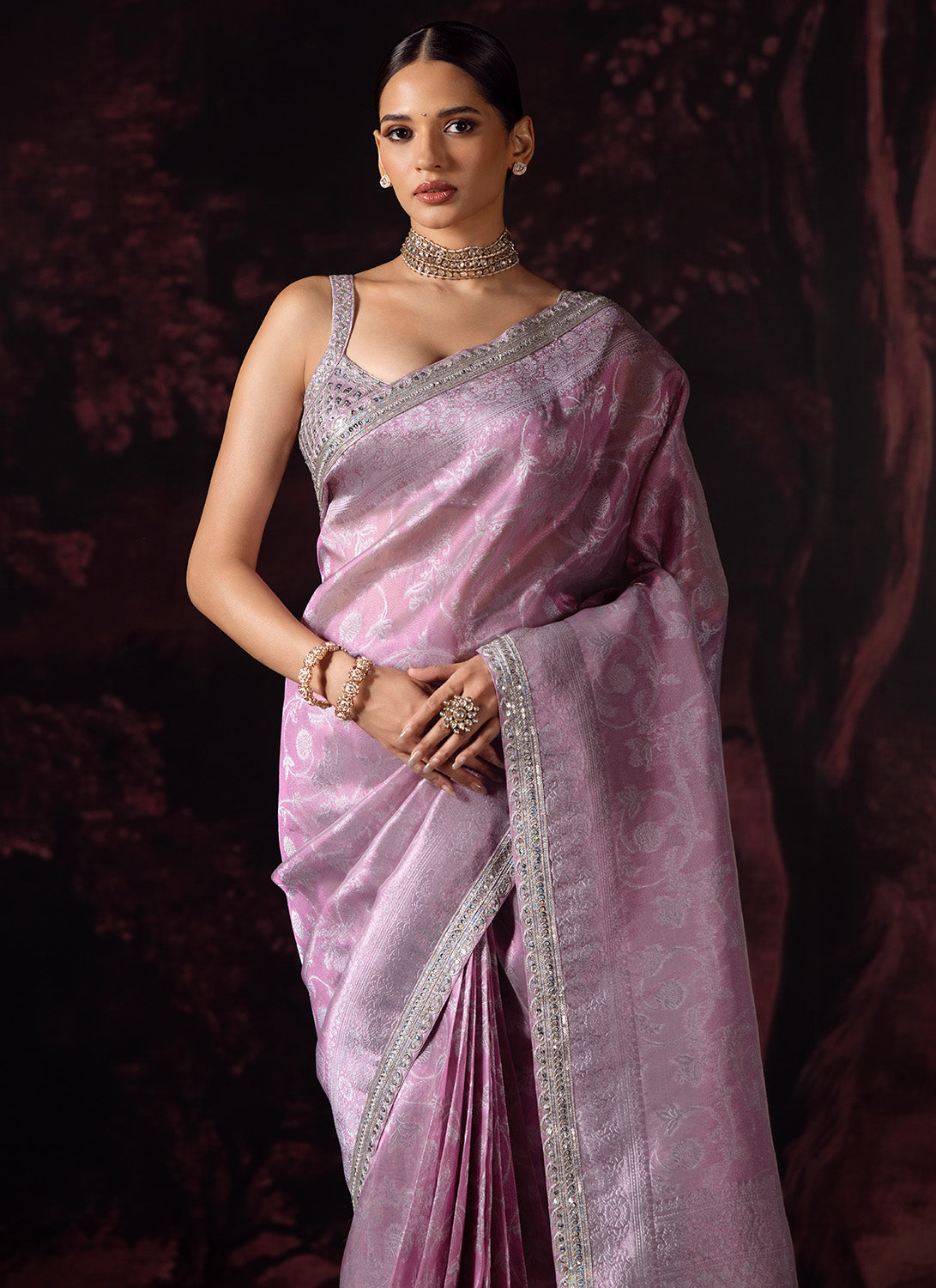 Pink Embroidered Tissue Saree