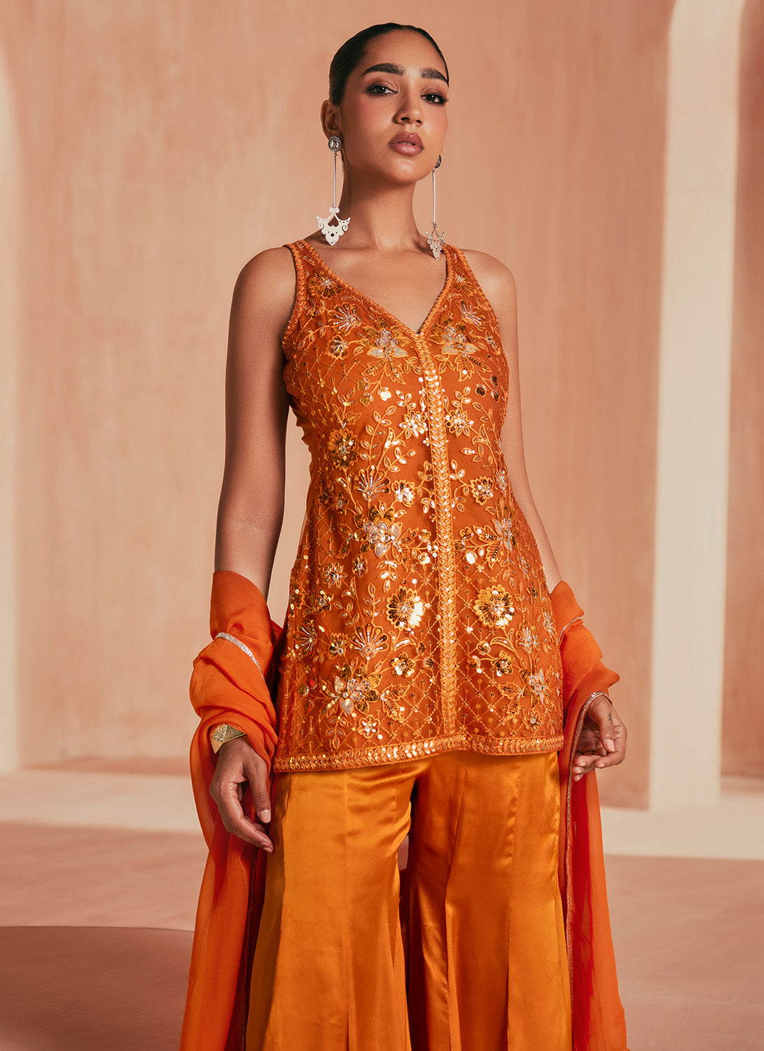 Orange Embroidered Satin Sharara