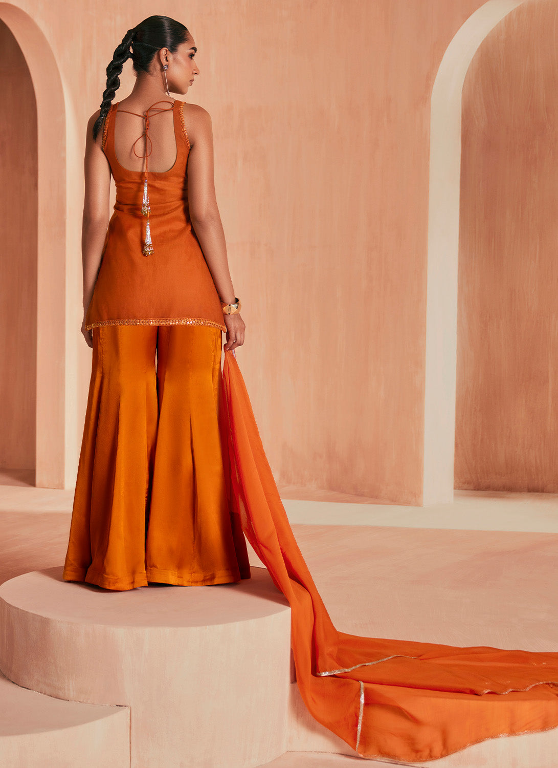 Orange Embroidered Satin Sharara