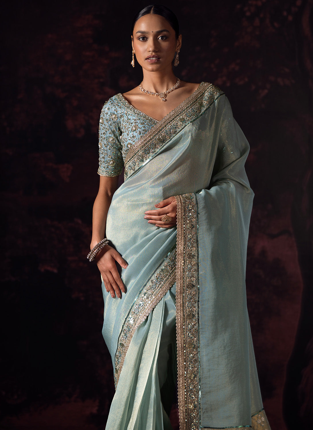Dusty Blue Embroidered Tissue Saree