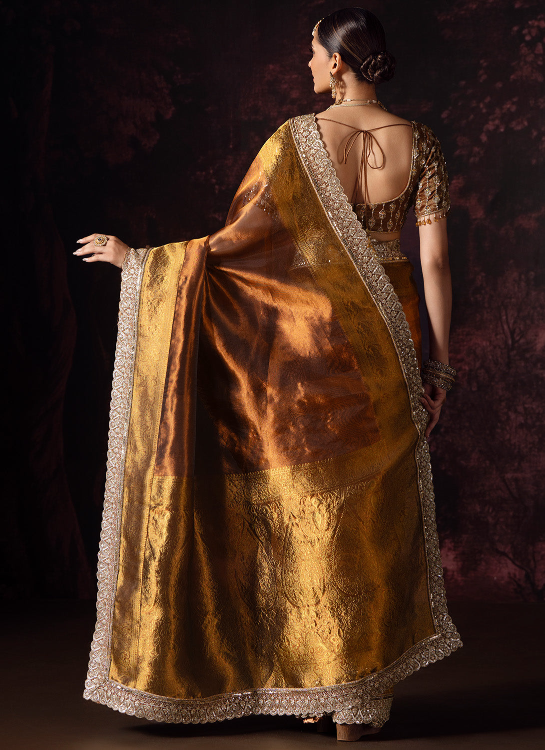 Golden Bronze Embroidered Tissue Saree