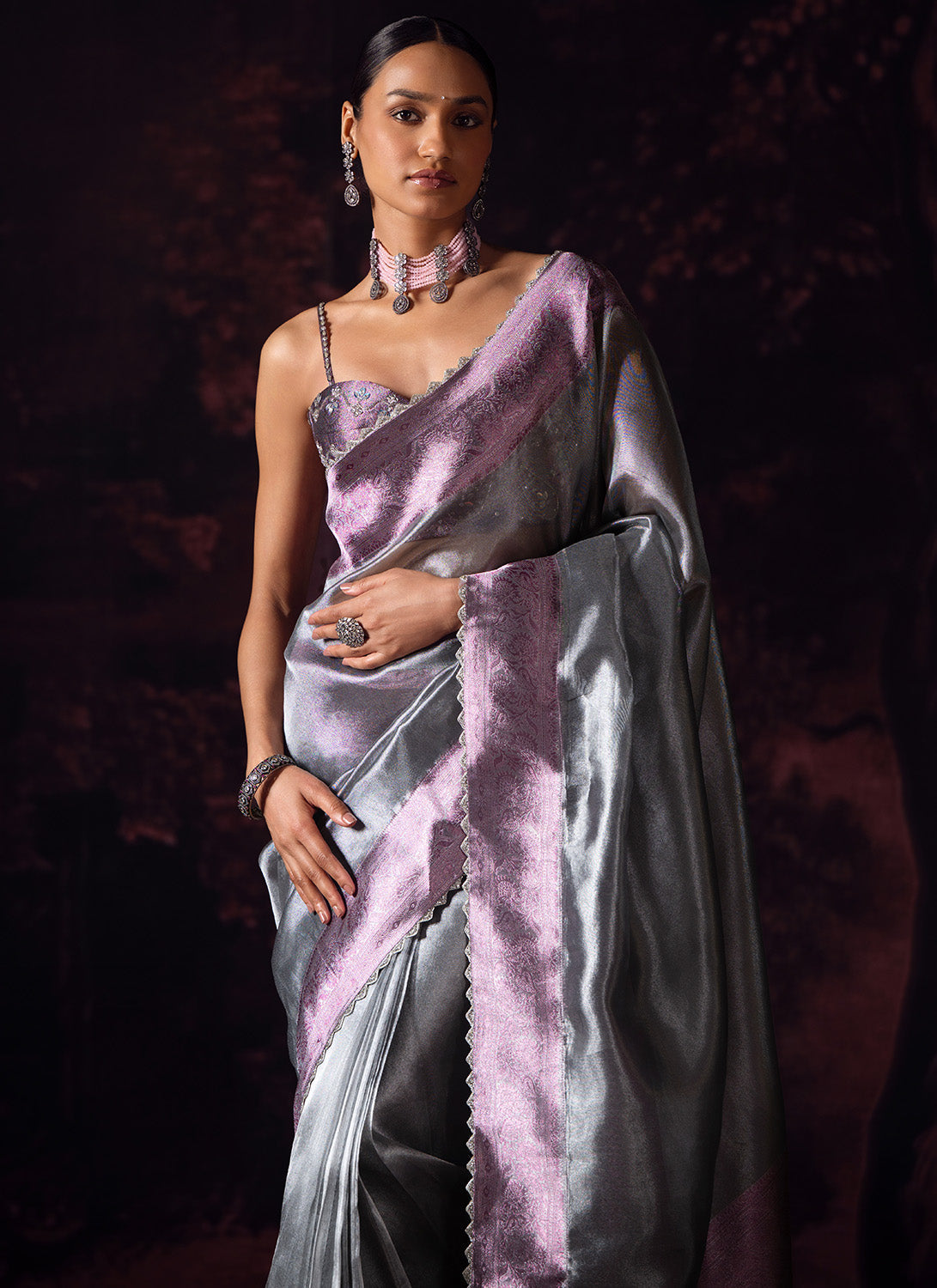 Purple and Grey Embroidered Tissue Saree