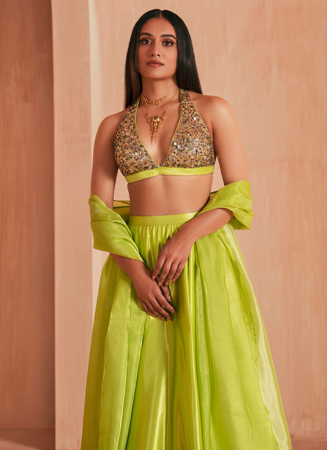 Lime Green Embroidered Satin Lehenga