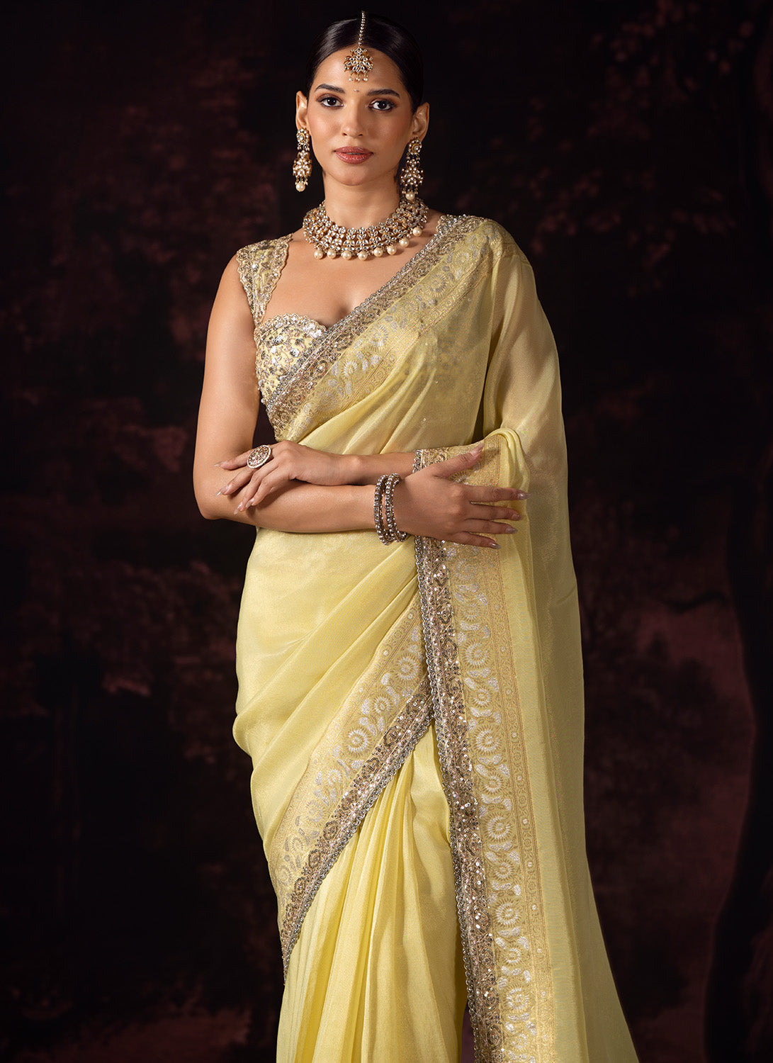 Yellow Embroidered Tissue Saree