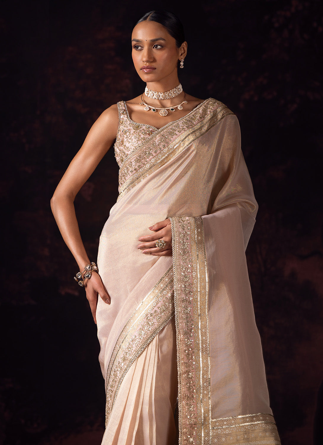 Soft Peach Embroidered Tissue Saree