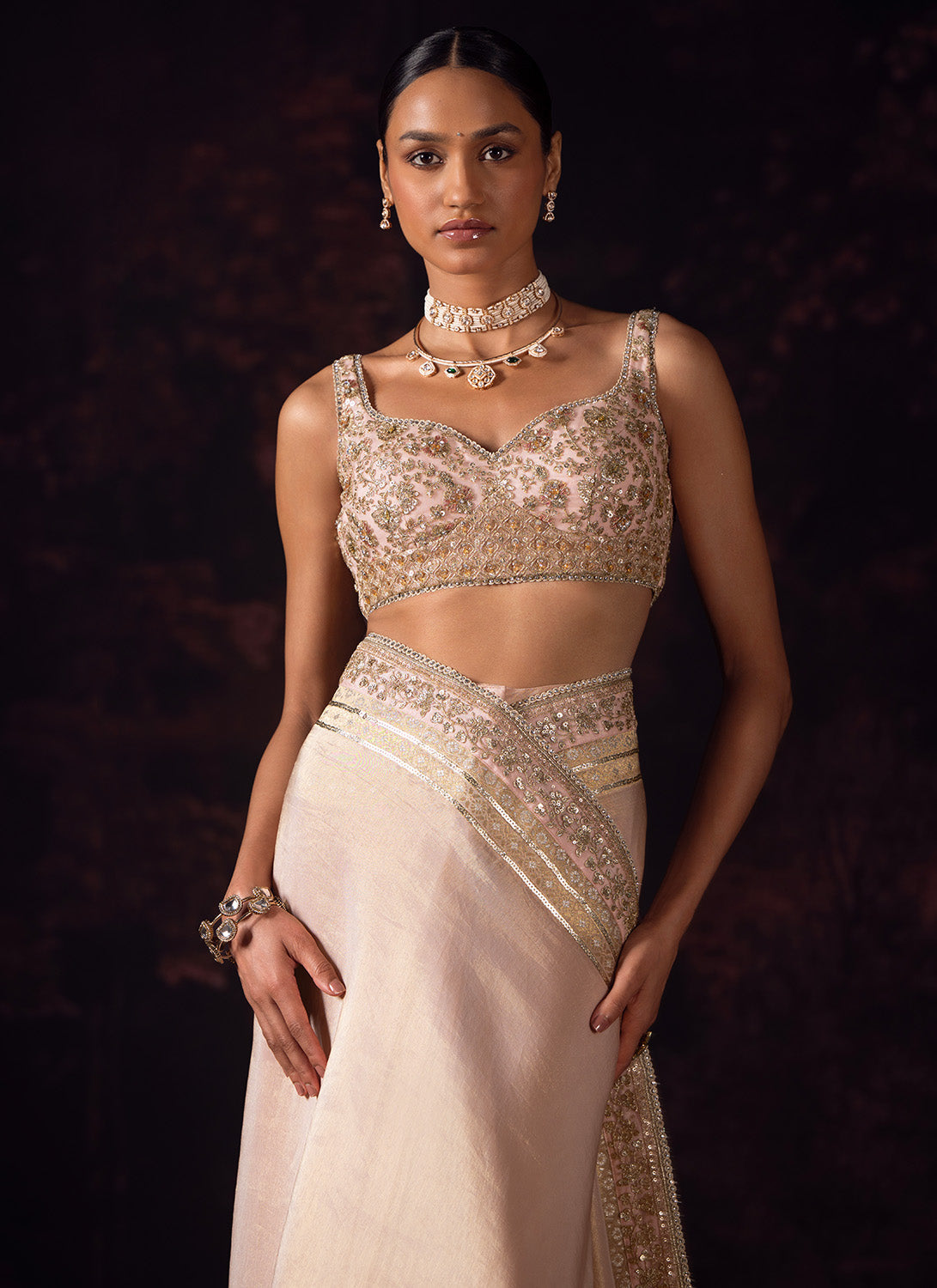 Soft Peach Embroidered Tissue Saree