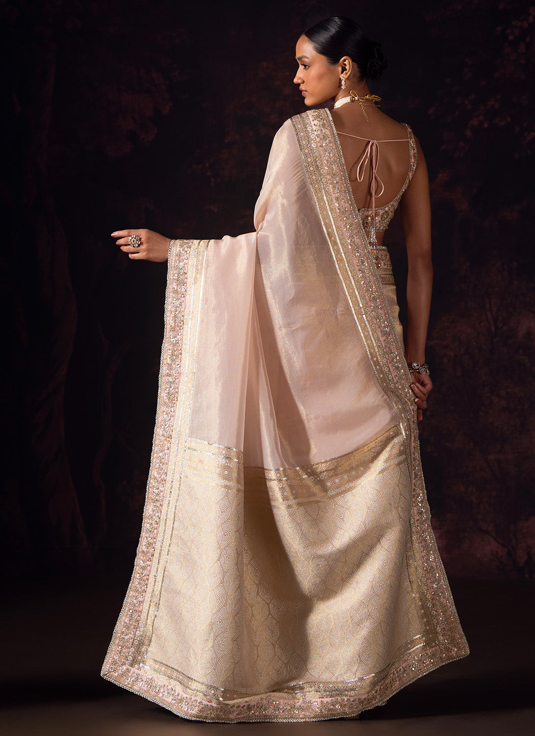 Soft Peach Embroidered Tissue Saree