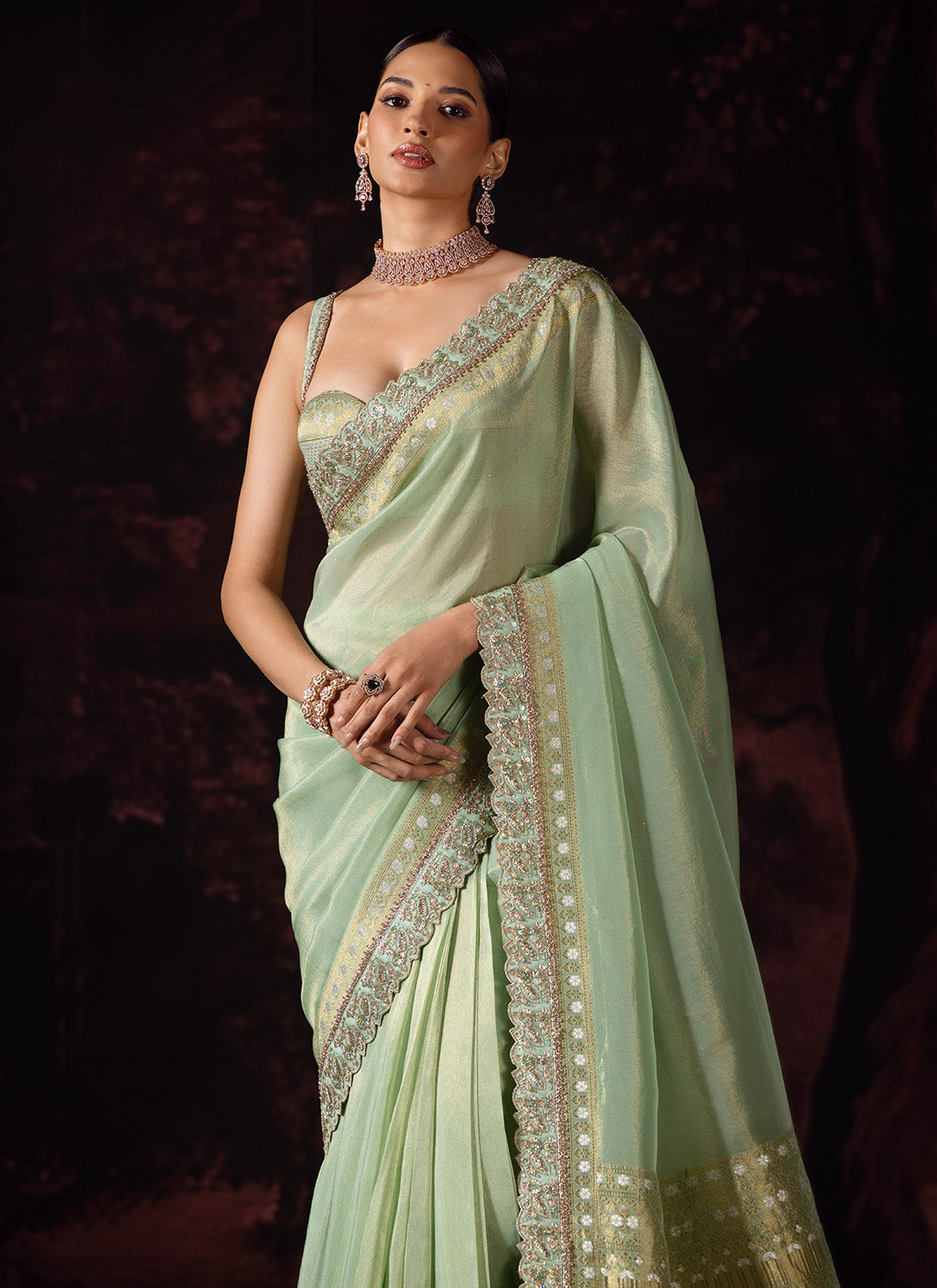 Pastel Green Embroidered Tissue Saree