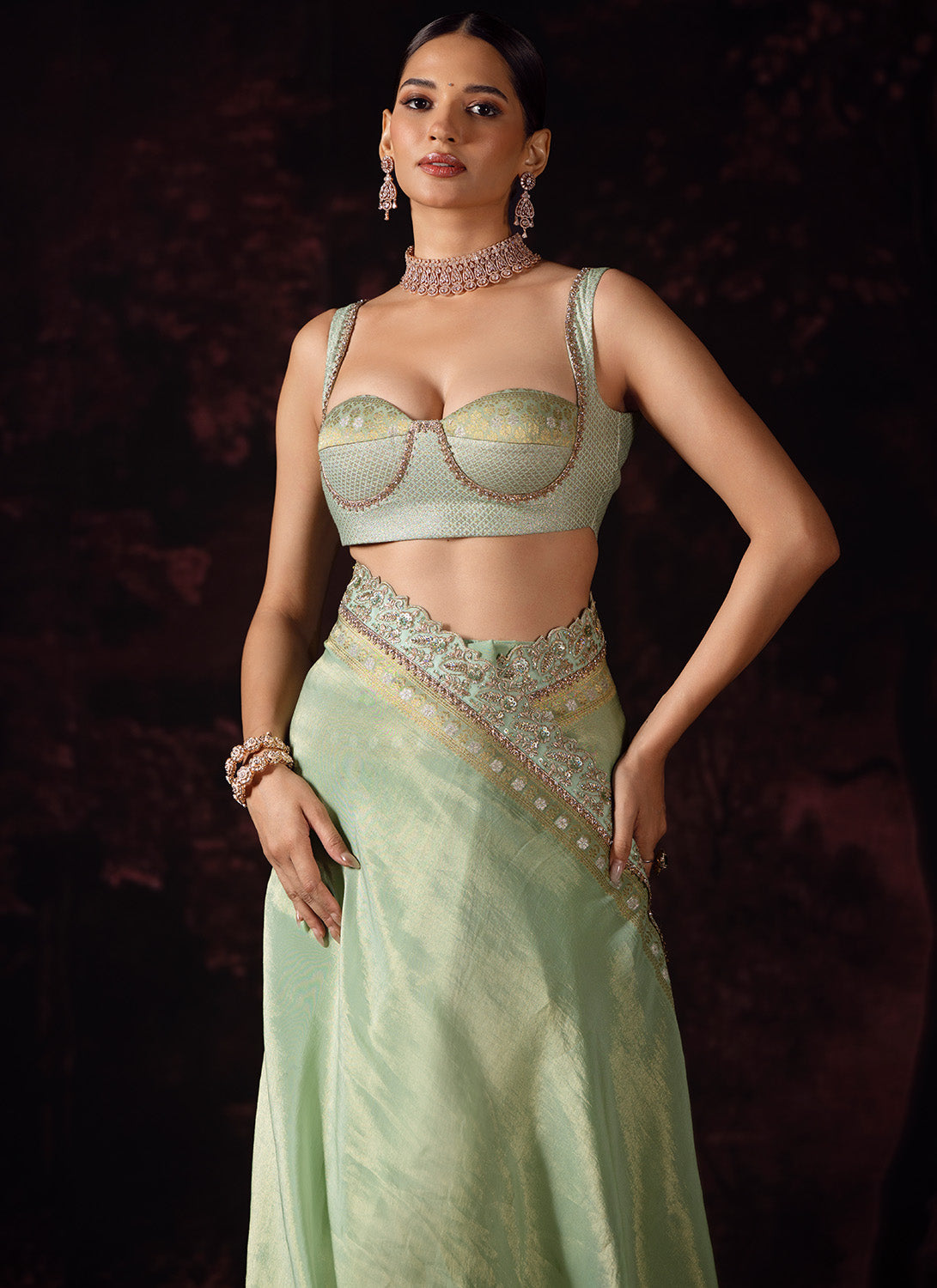 Pastel Green Embroidered Tissue Saree