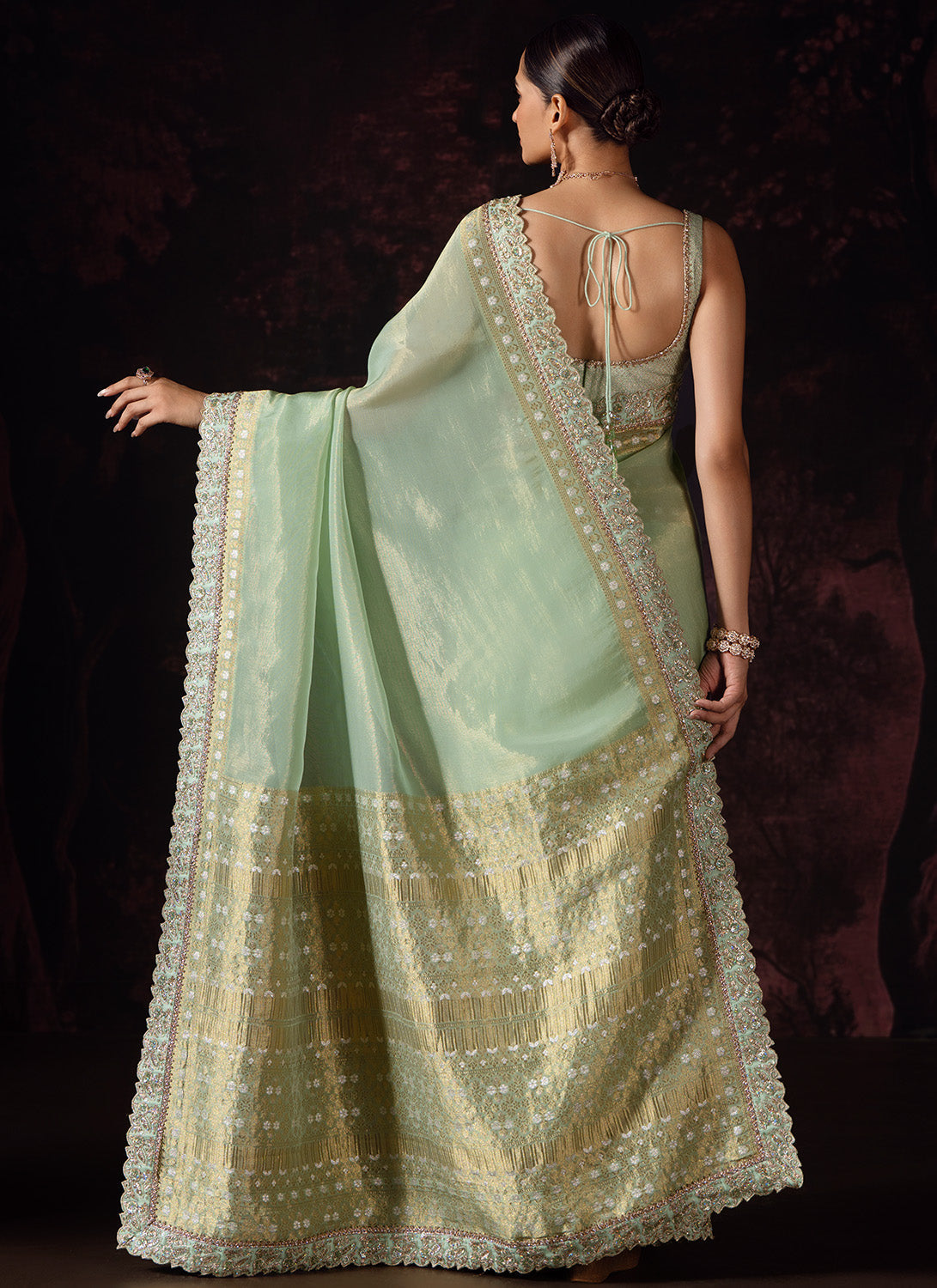 Pastel Green Embroidered Tissue Saree