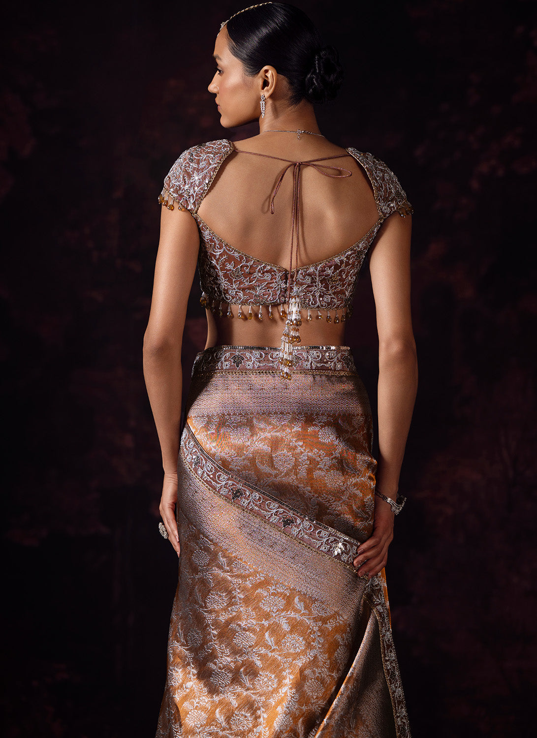 Brown Embroidered Tissue Saree