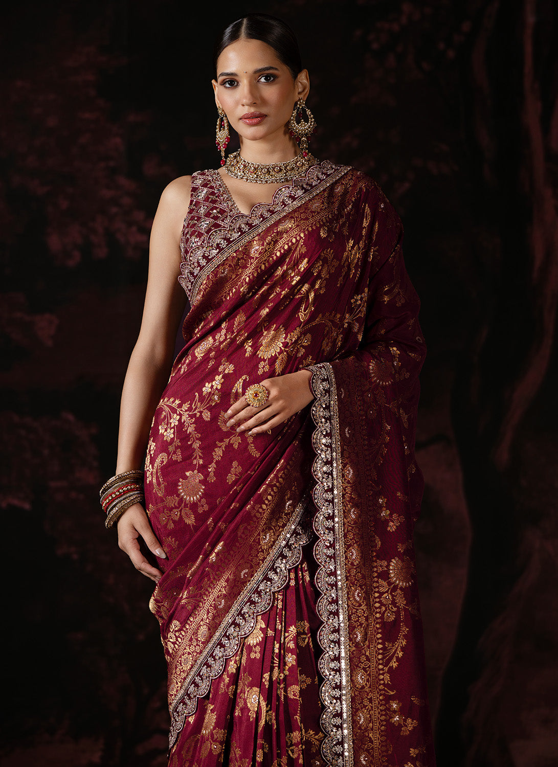 Deep Burgundy Embroidered Silk Saree