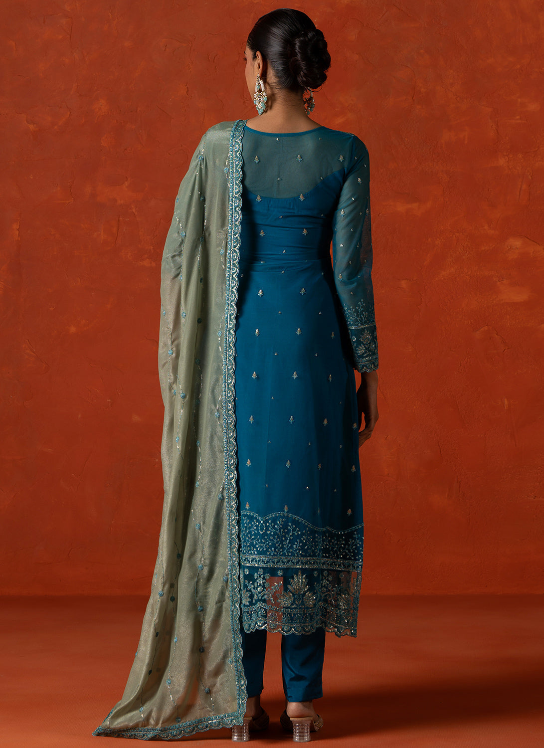 Teal Embroidered Crepe Silk Straight Suit