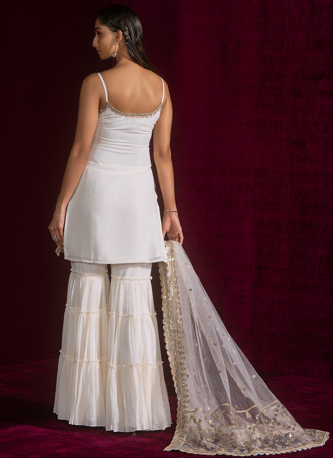 Ivory Embroidered Georgette Sharara