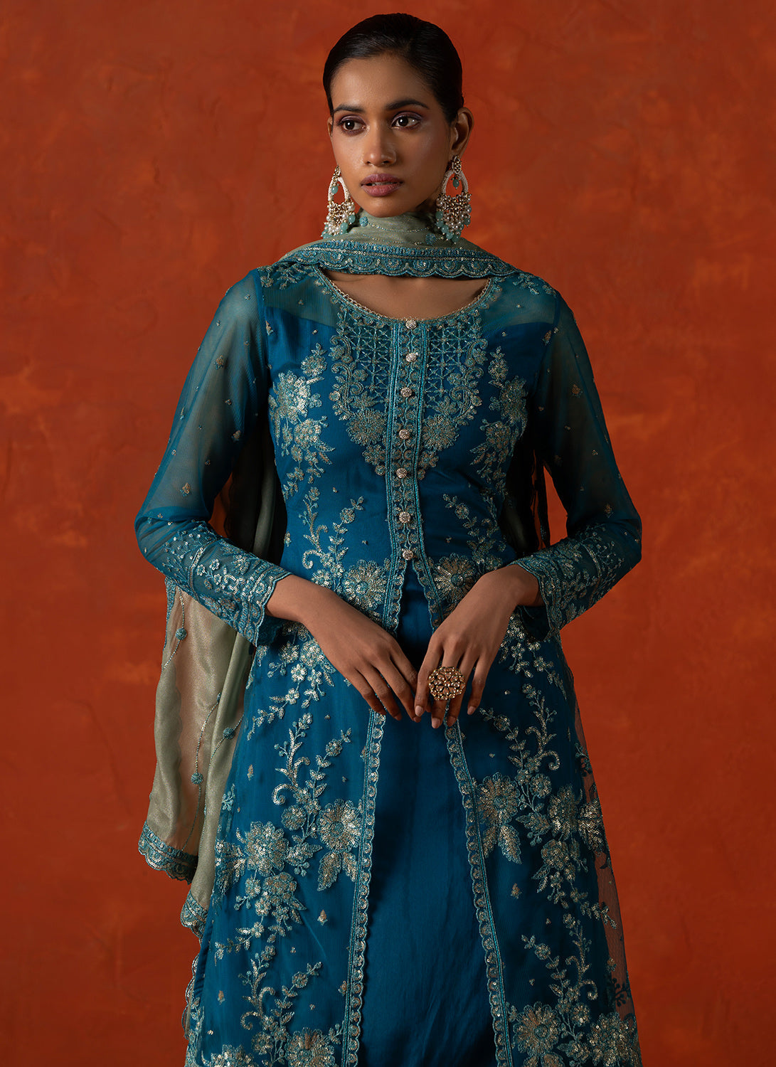 Teal Embroidered Crepe Silk Straight Suit