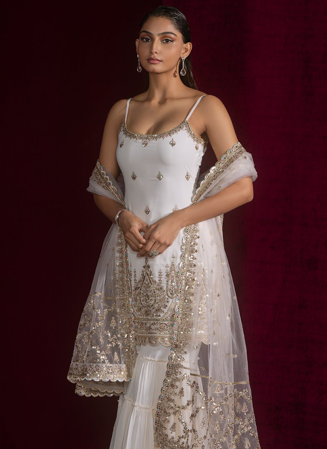 Ivory Embroidered Georgette Sharara
