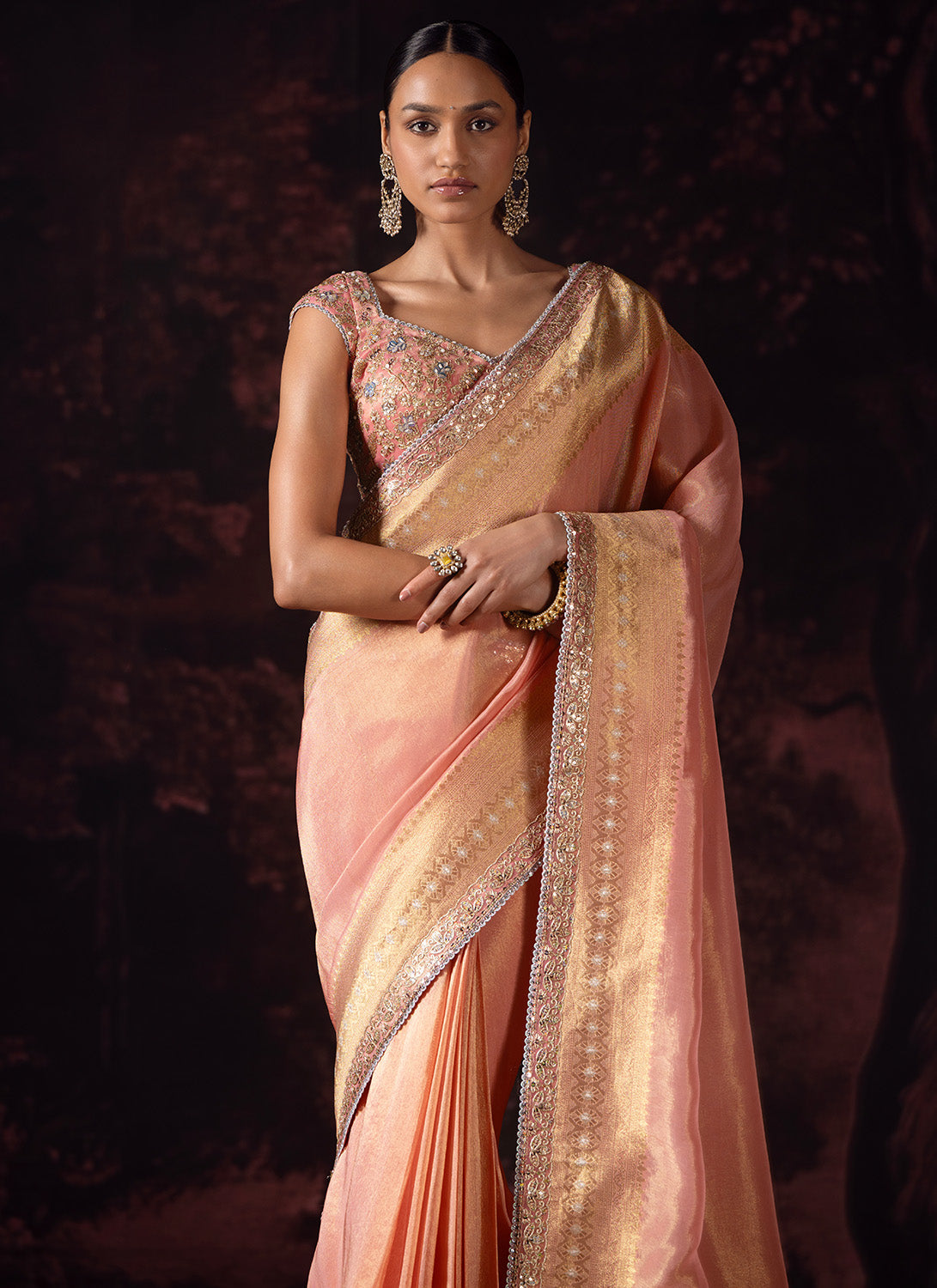 Soft Coral Embroidered Tissue Saree