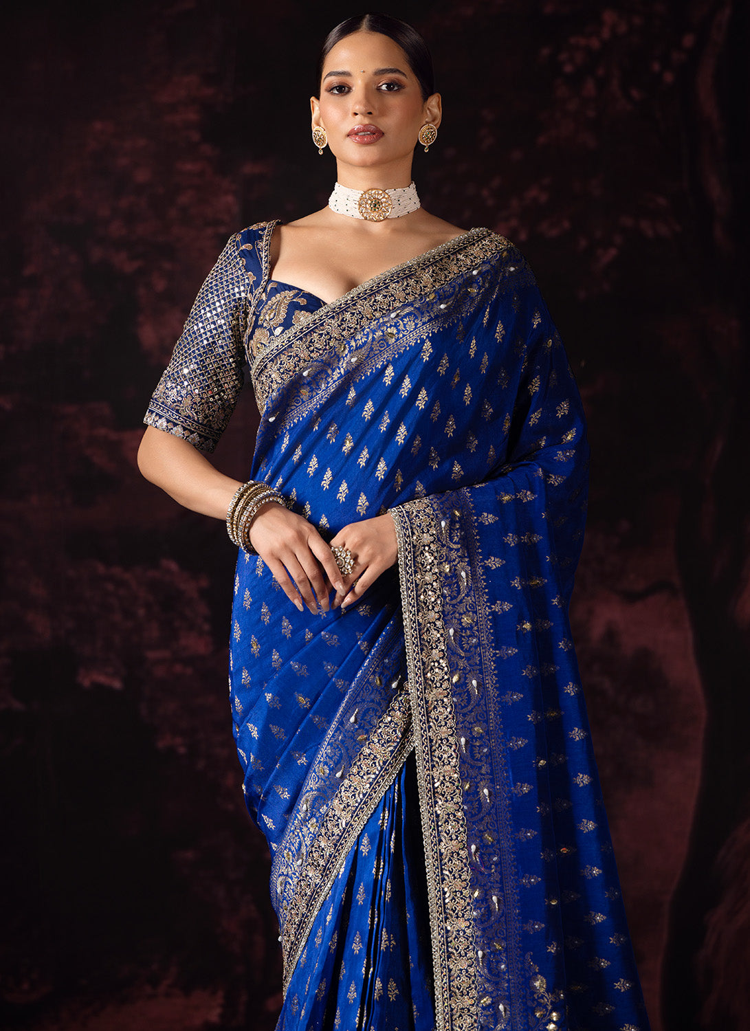 Deep Royal Blue Embroidered Silk Saree