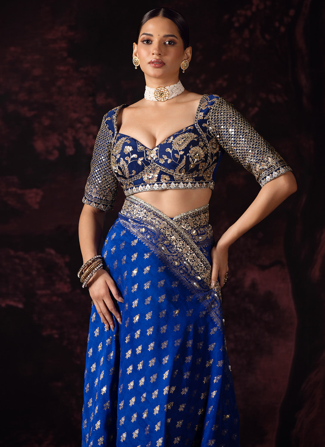 Deep Royal Blue Embroidered Silk Saree