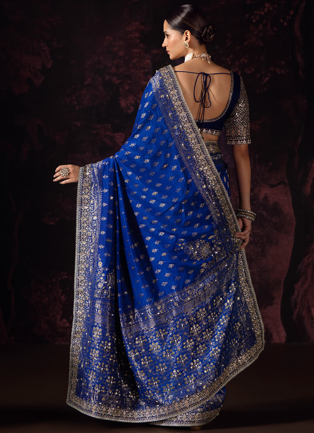 Deep Royal Blue Embroidered Silk Saree