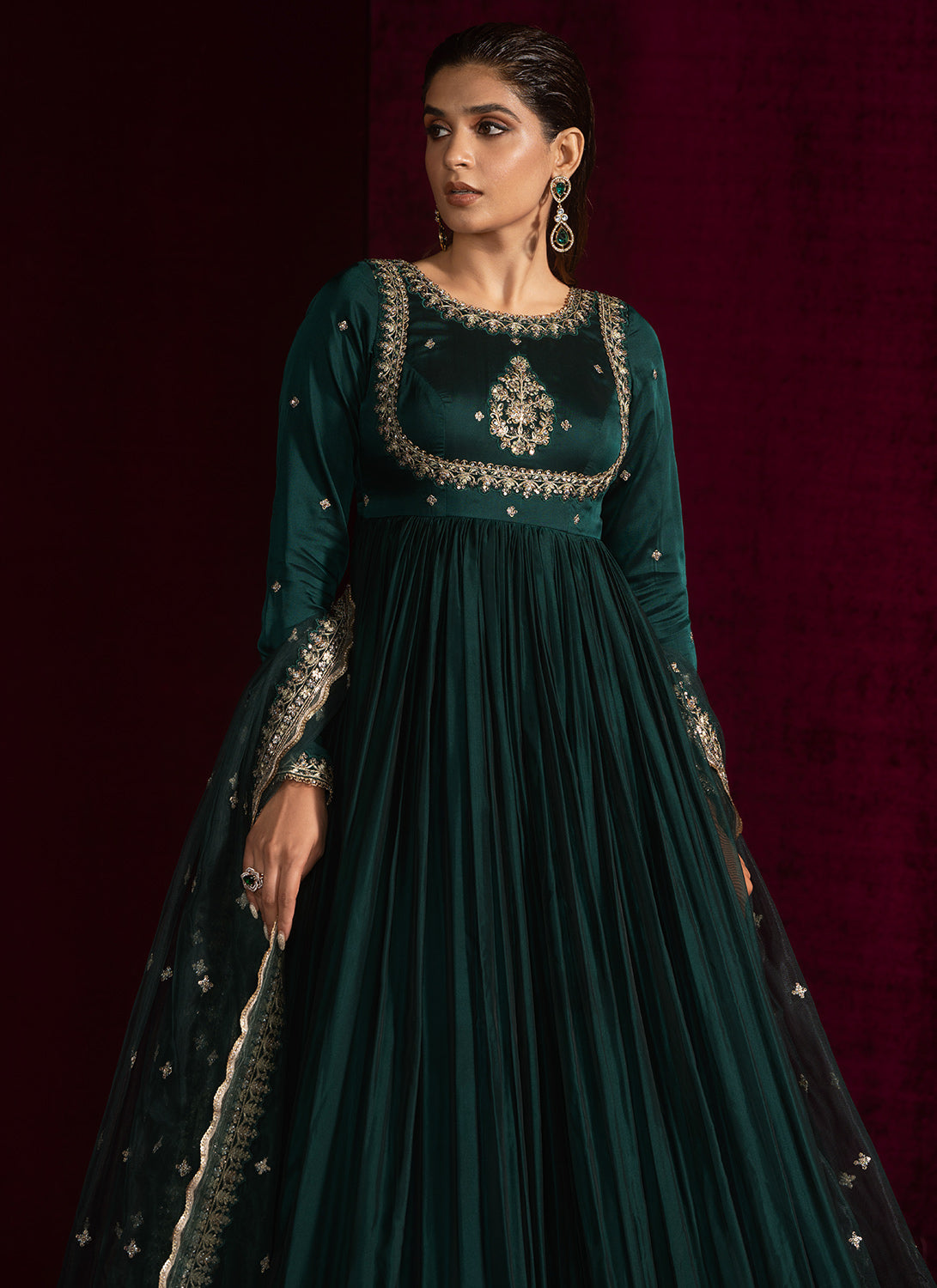 Green Embroidered Silk Anarkali