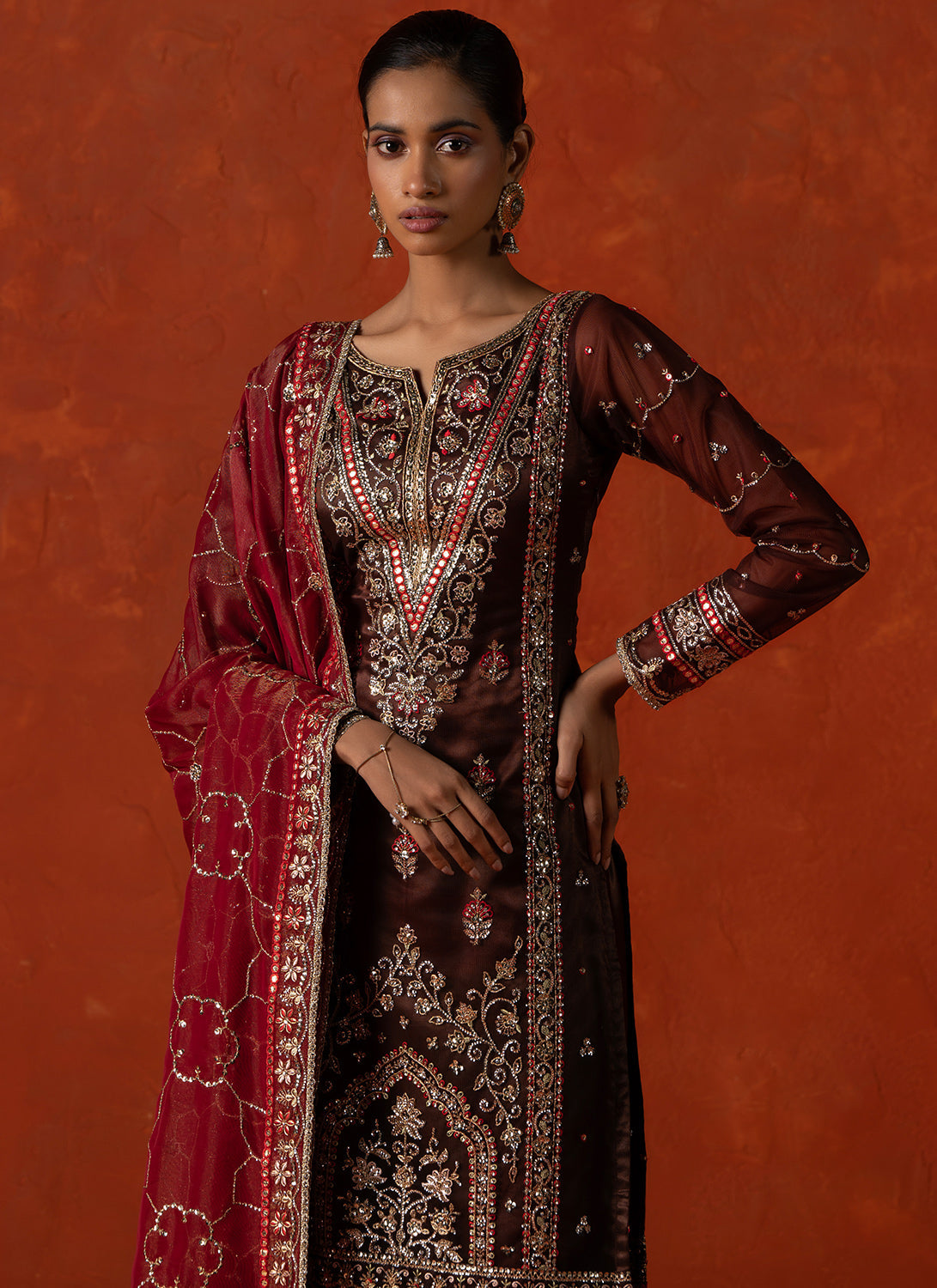 Dark Maroon and Maroon Embroidered Straight Suit