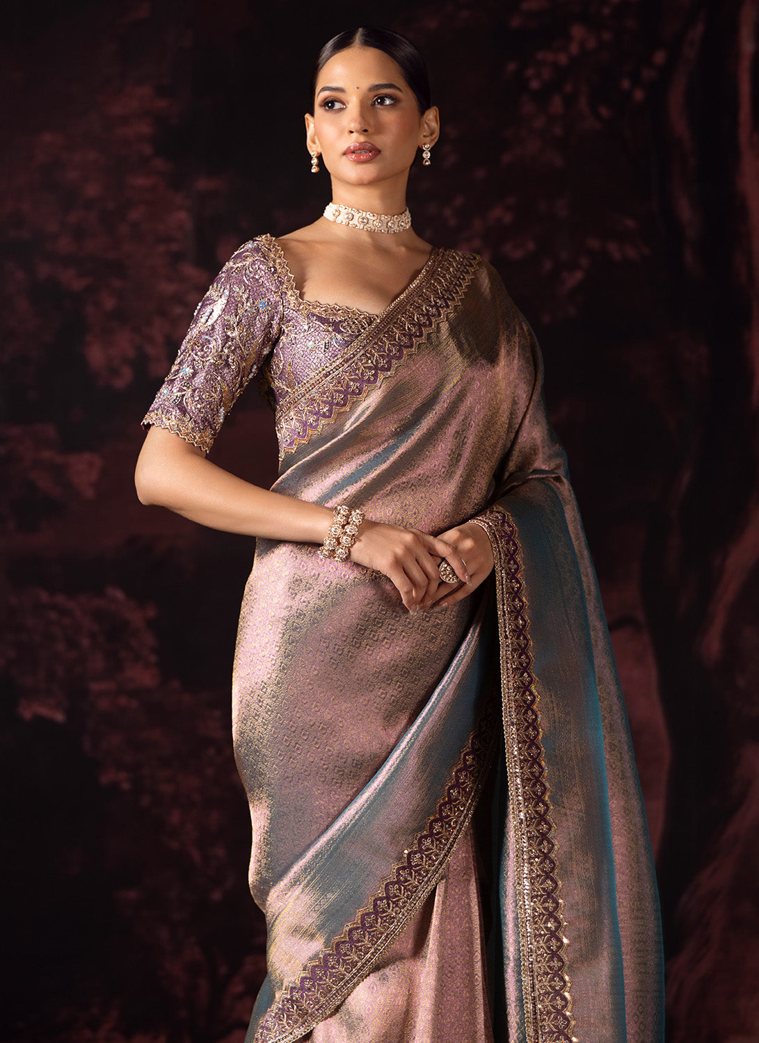 Dusky Purple Embroidered Tissue Saree