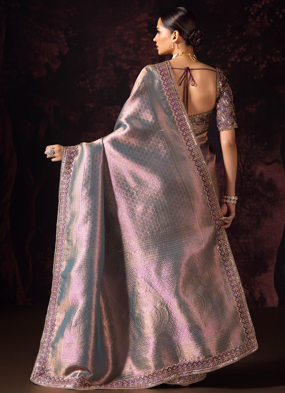 Dusky Purple Embroidered Tissue Saree