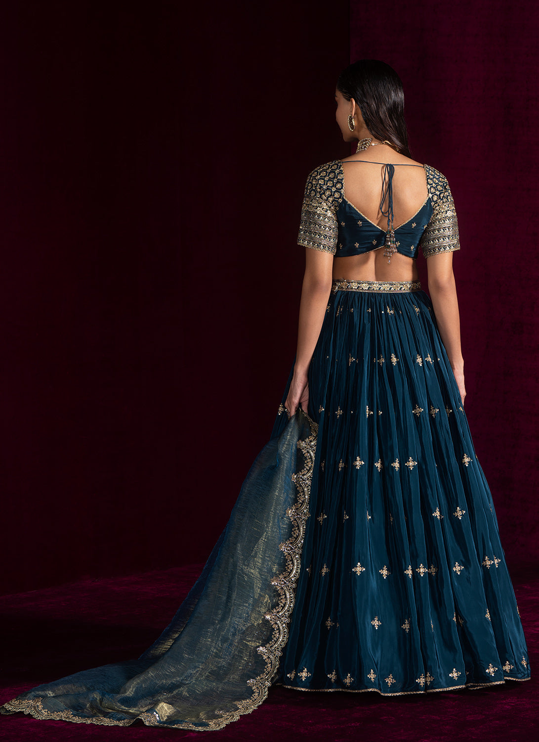 Teal Blue Embroidered Crepe Lehenga