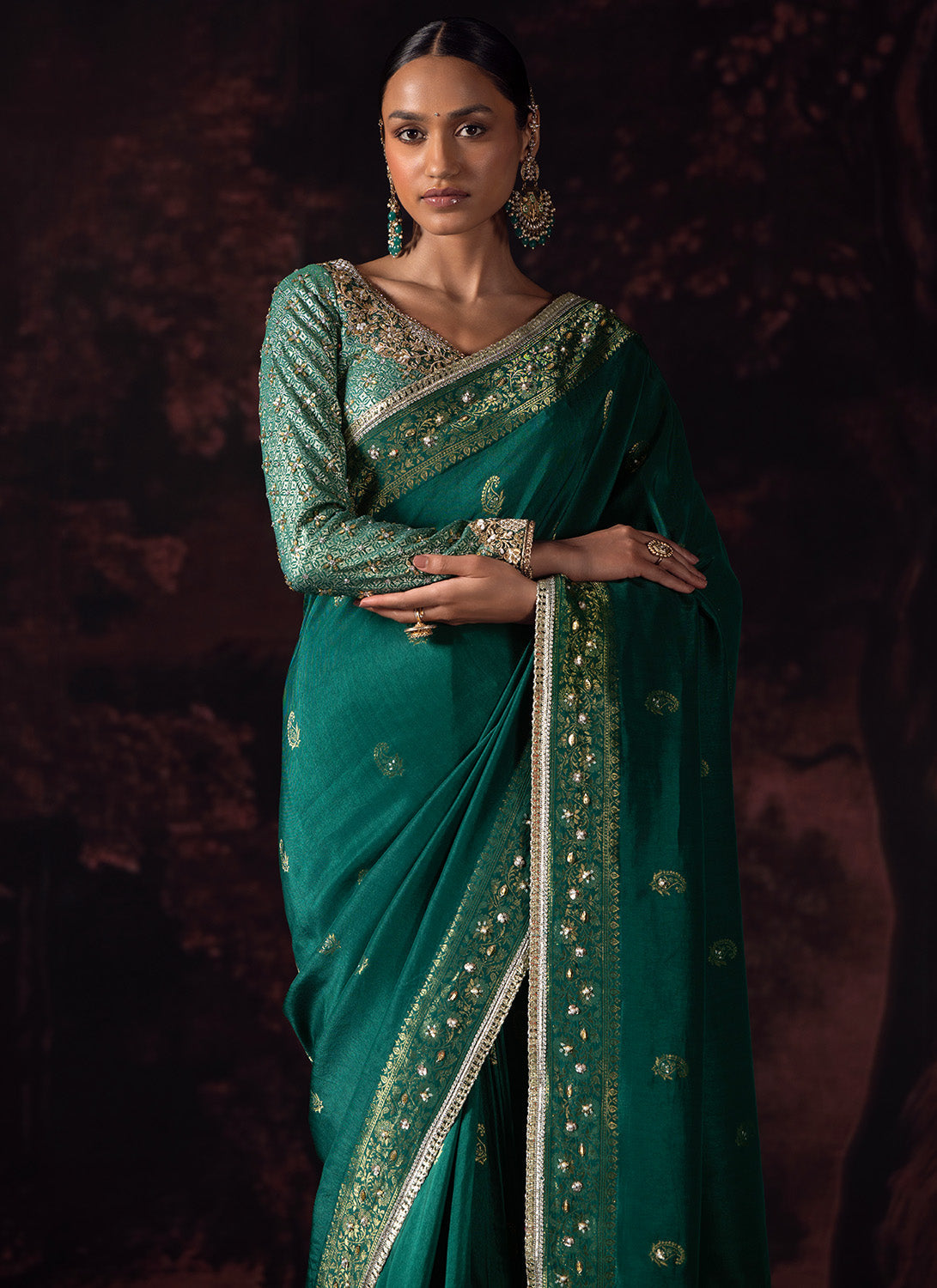 Emerald Green Embroidered Silk Saree