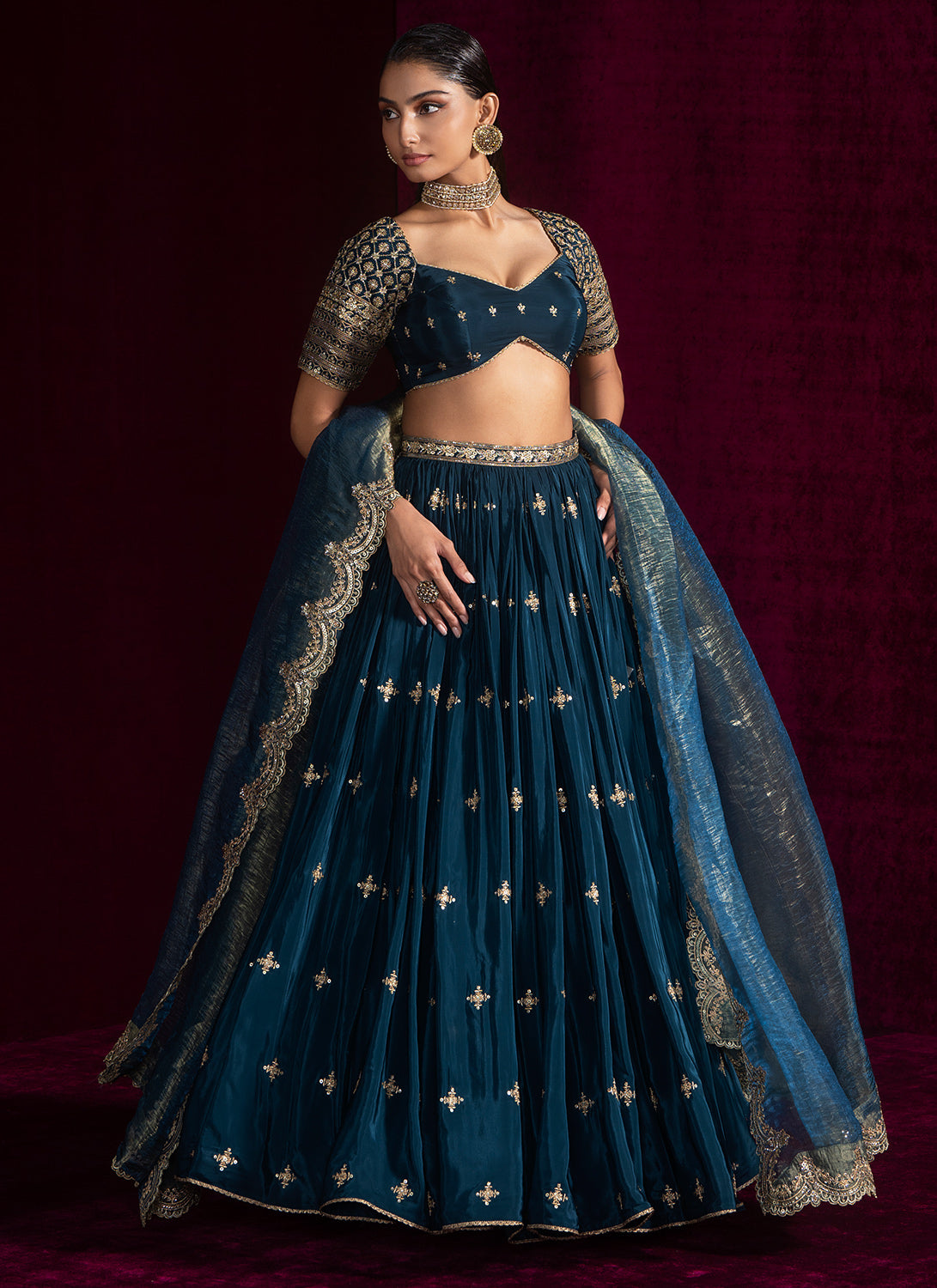 Teal Blue Embroidered Crepe Lehenga