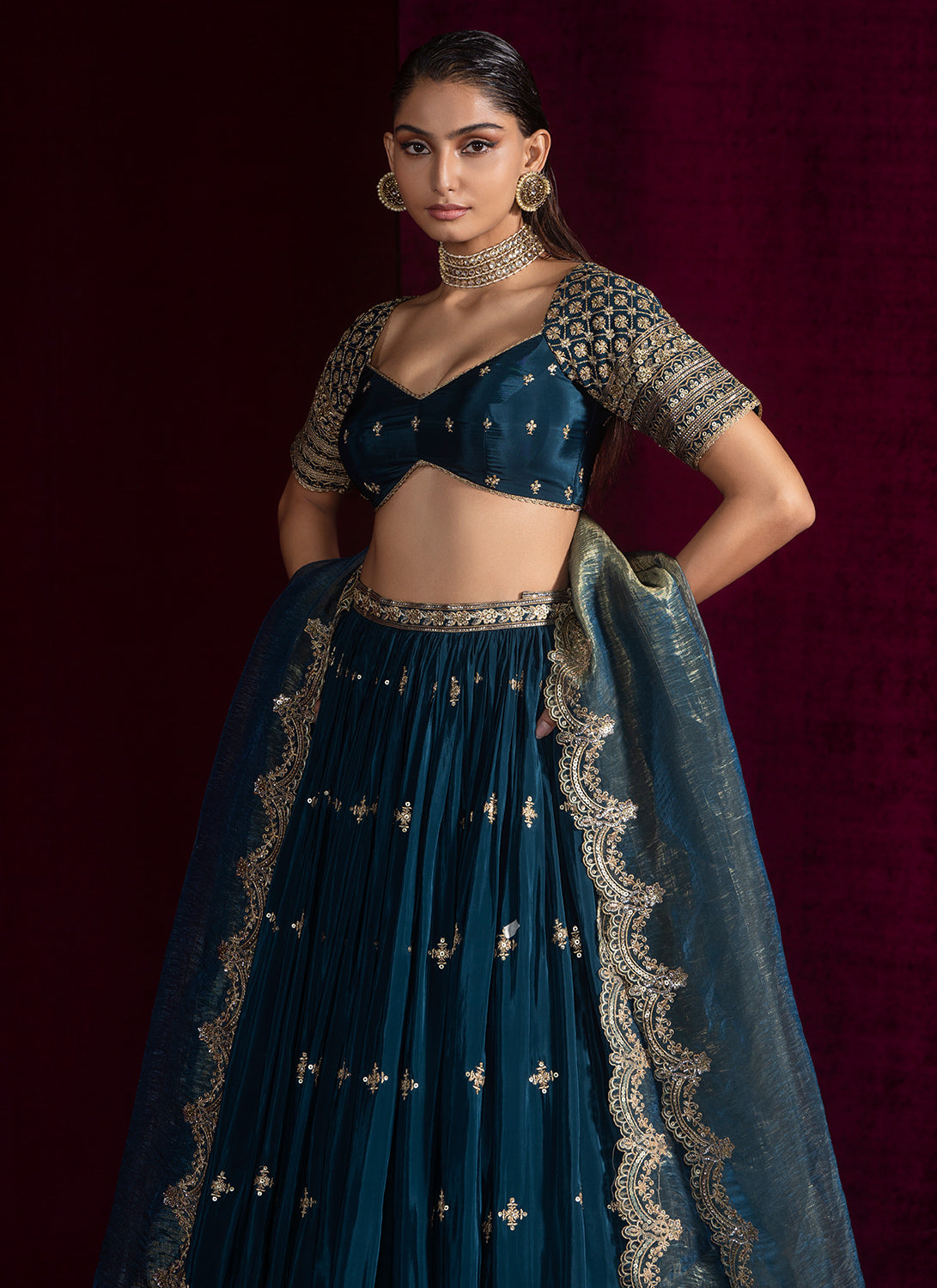 Teal Blue Embroidered Crepe Lehenga