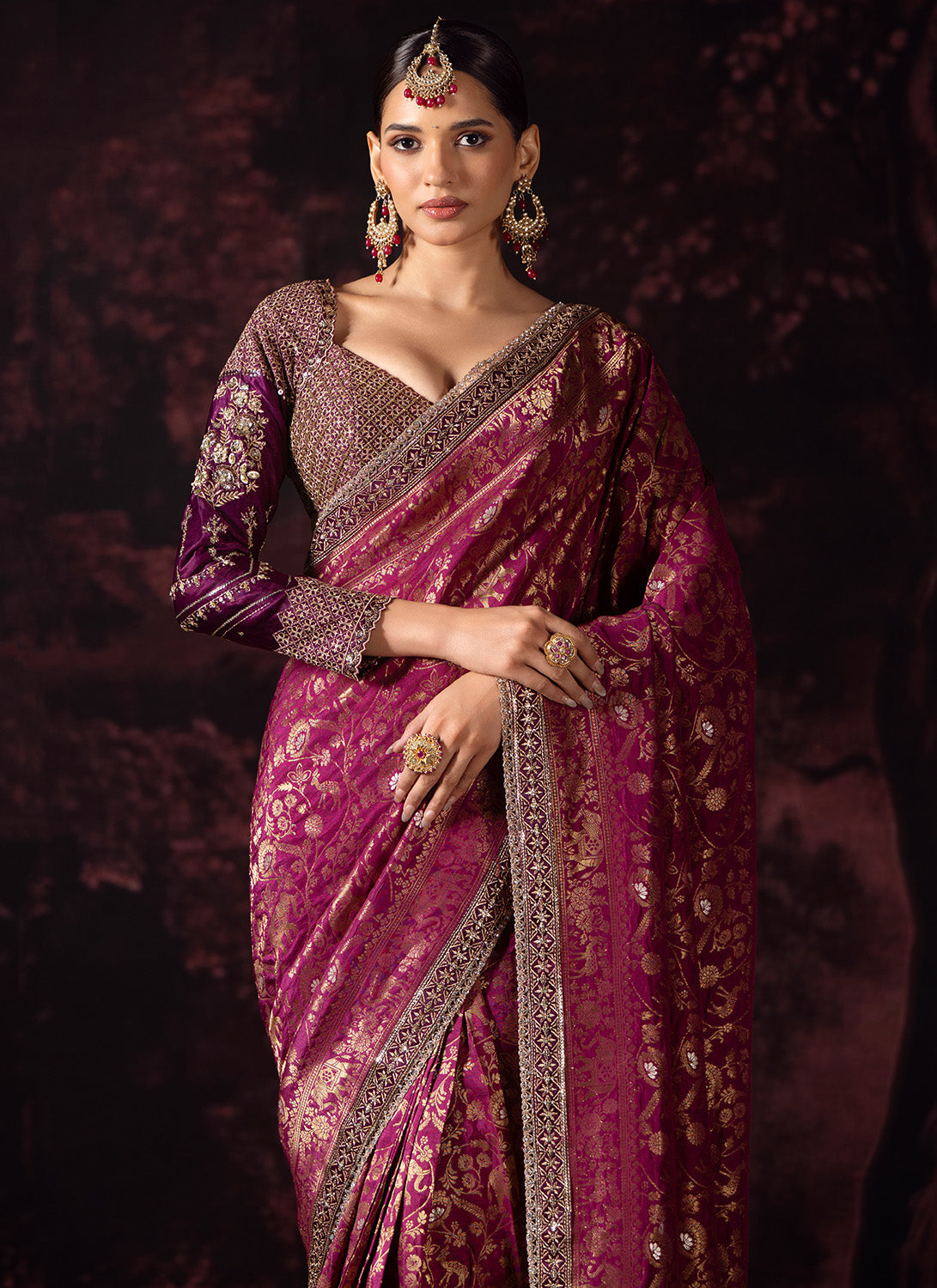 Deep Wine Embroidered Silk Saree