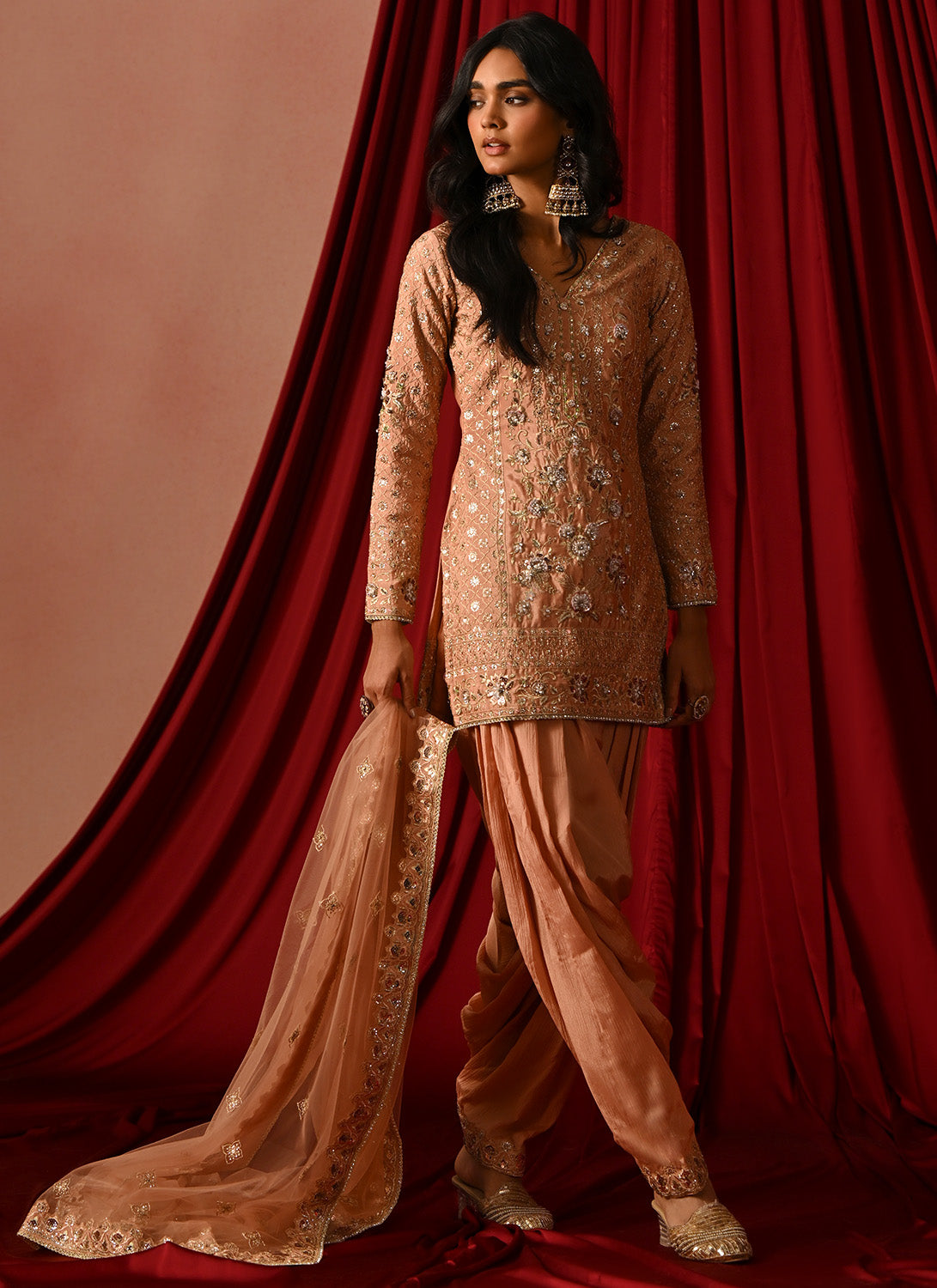 Dusty Peach Embroidered Silk Punjabi Suit