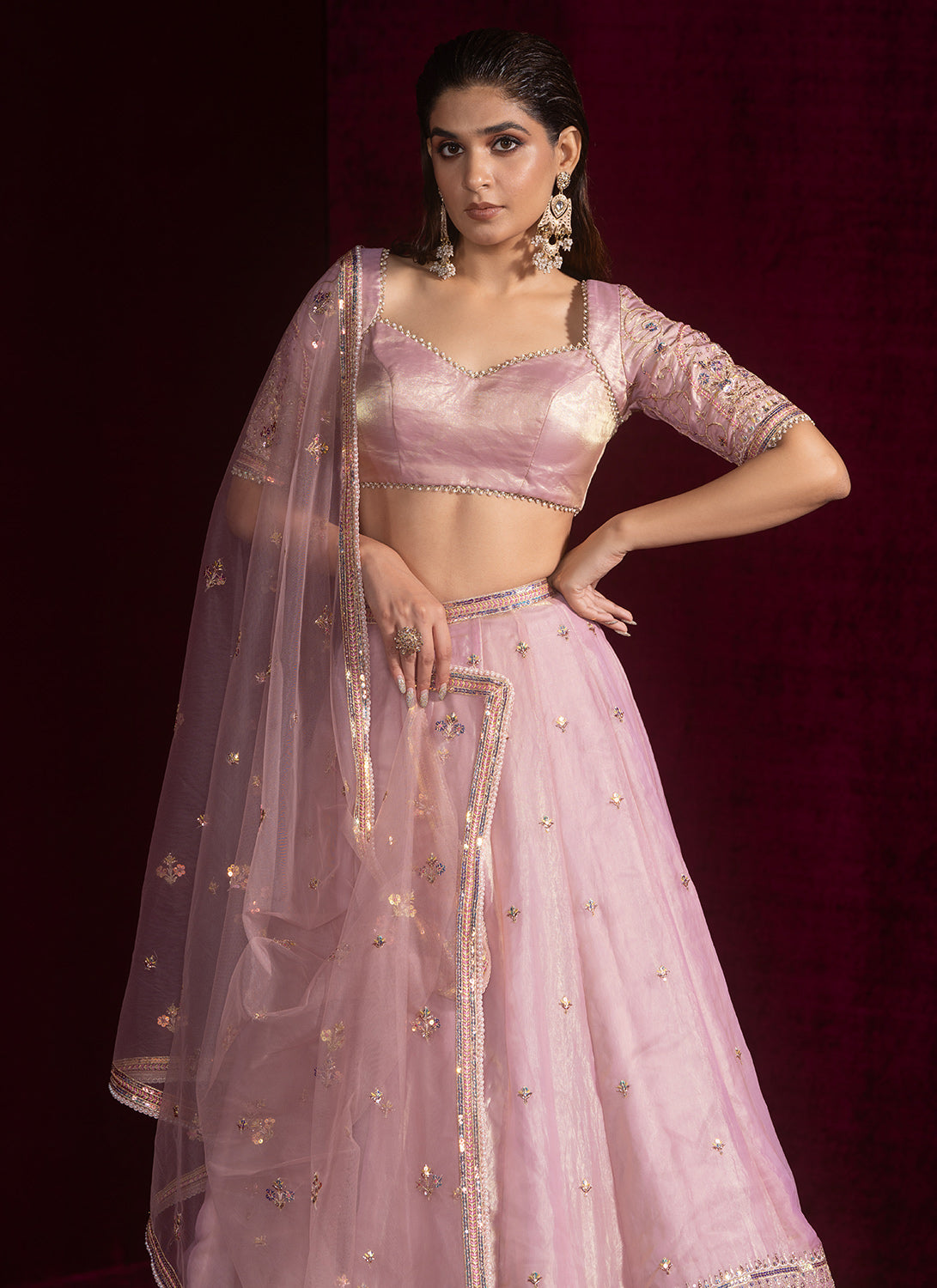 Light Pink Embroidered Silk Lehenga