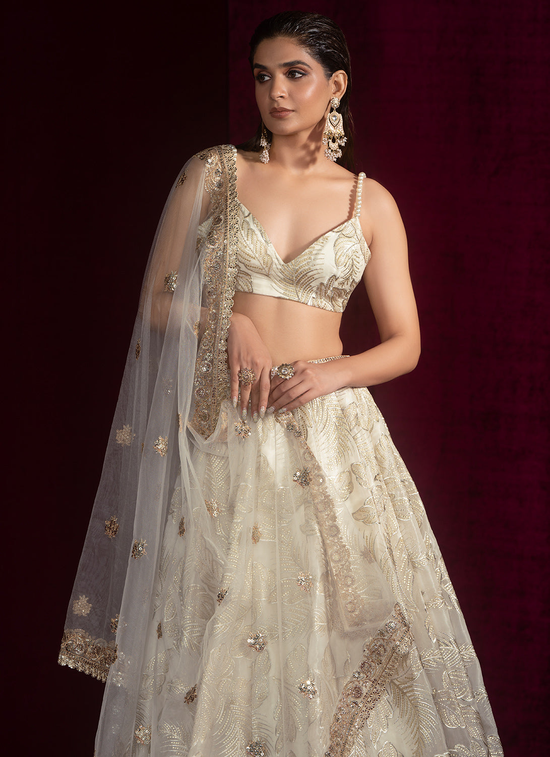 Off White Embroidered Organza Lehenga