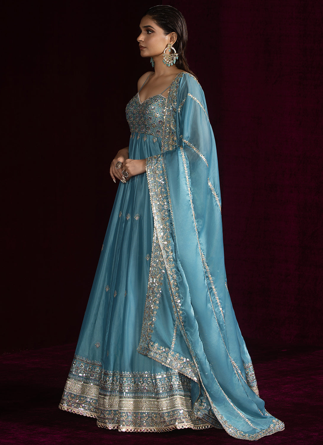 Light Blue Embroidered Silk Anarkali