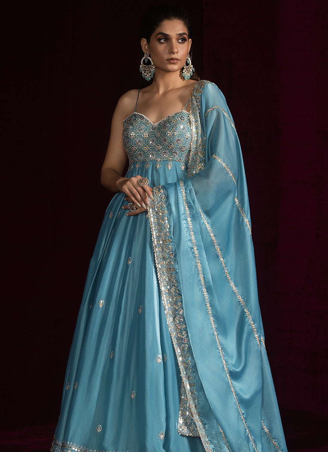 Light Blue Embroidered Silk Anarkali