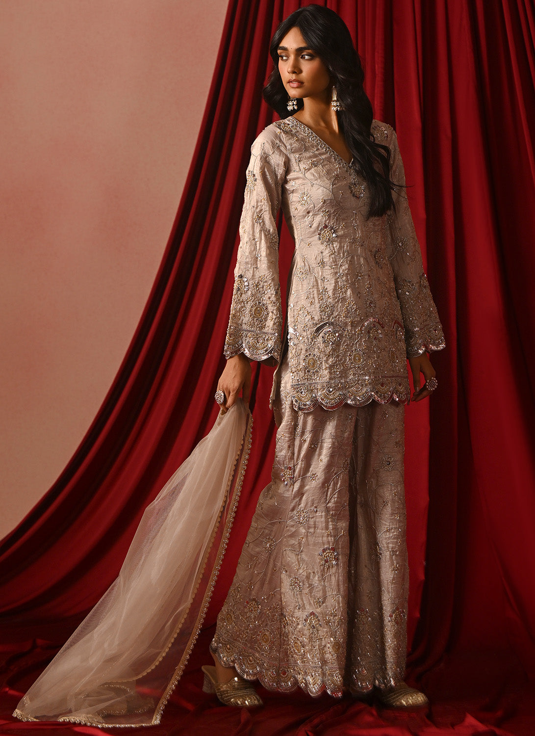 Light Nude Pink Embroidered Sharara Suit