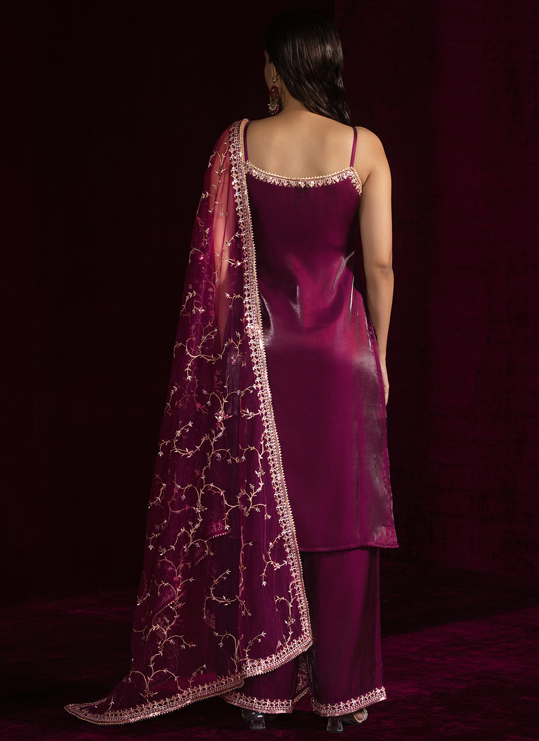 Wine Embroidered Palazzo Suit