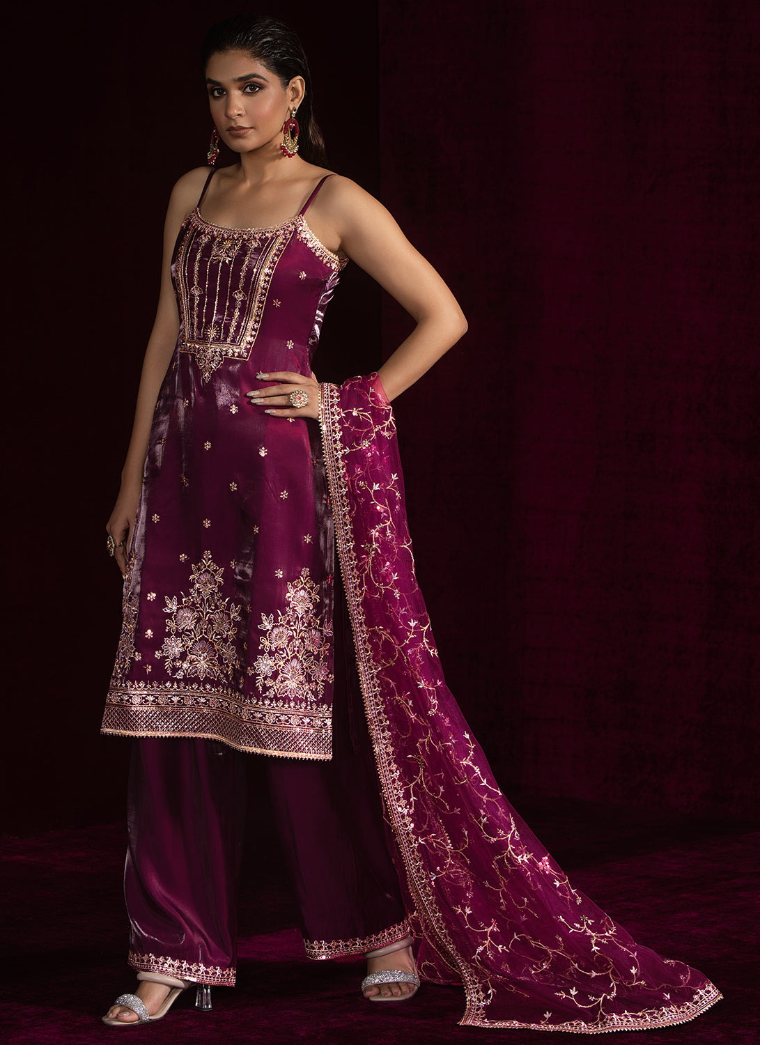 Wine Embroidered Palazzo Suit