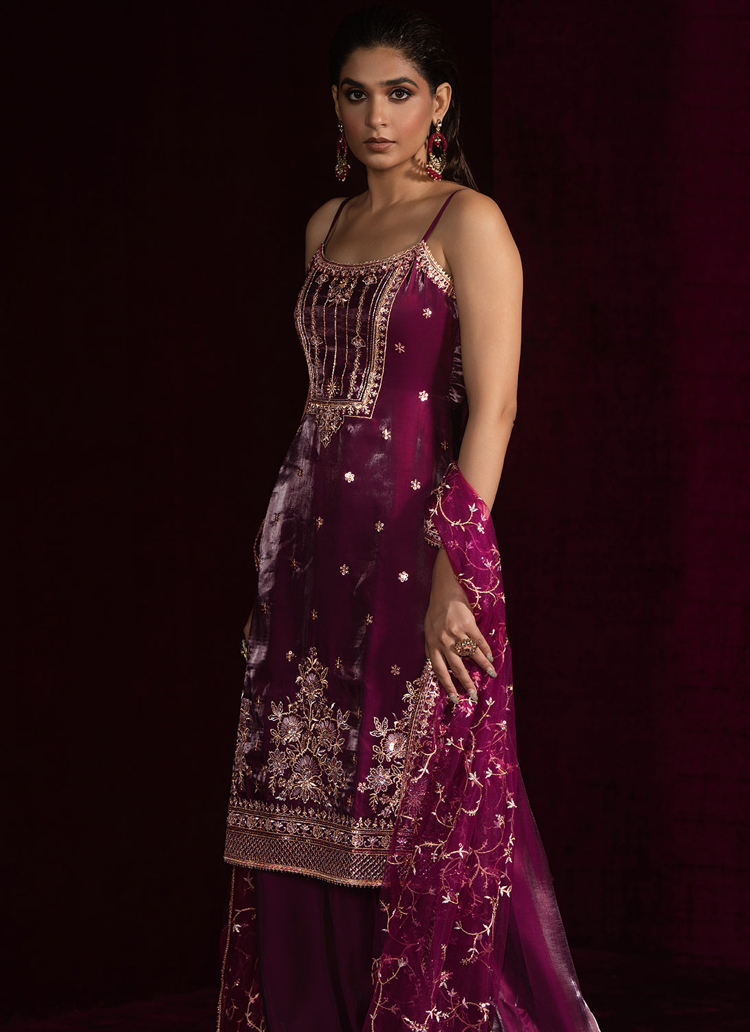 Wine Embroidered Palazzo Suit