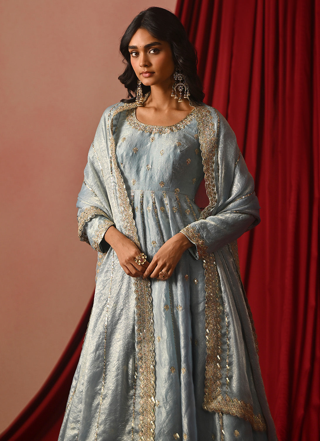 Sky Blue Embroidered Tissue Anarkali