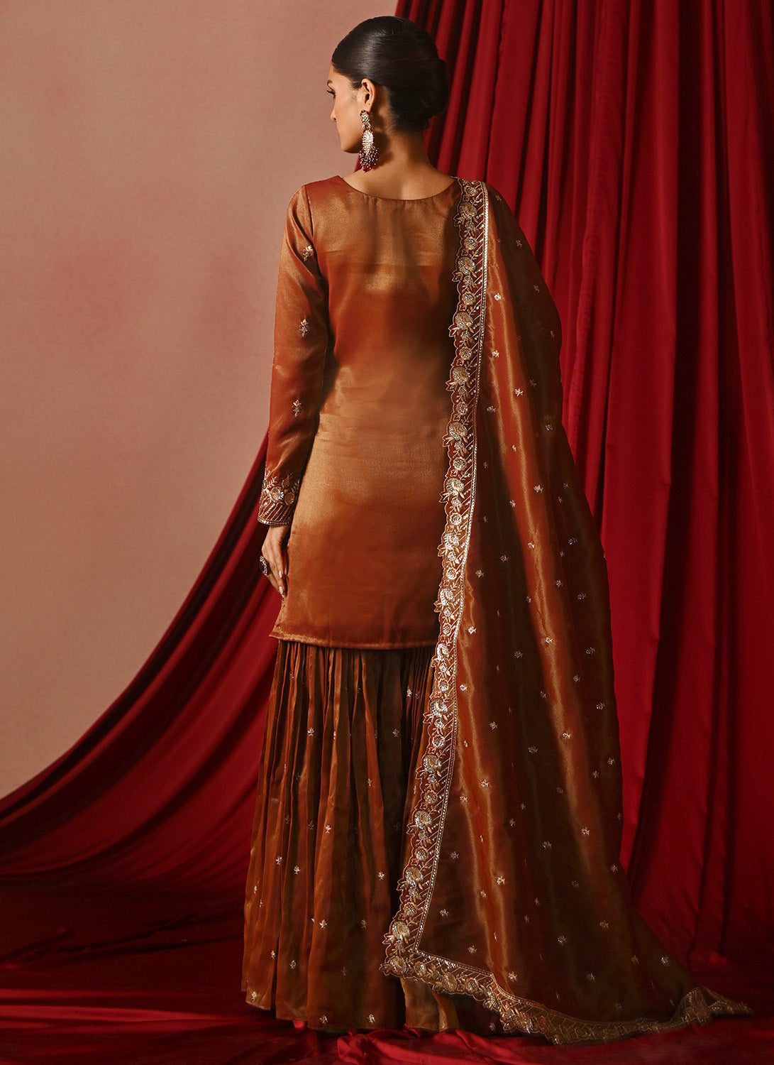 Dark Rust Embroidered Tissue Gharara
